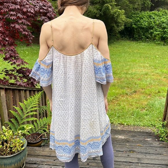 Free People flowing sheer boat neck drop shoulder mini dress white navy brown SP - Picture 3 of 5